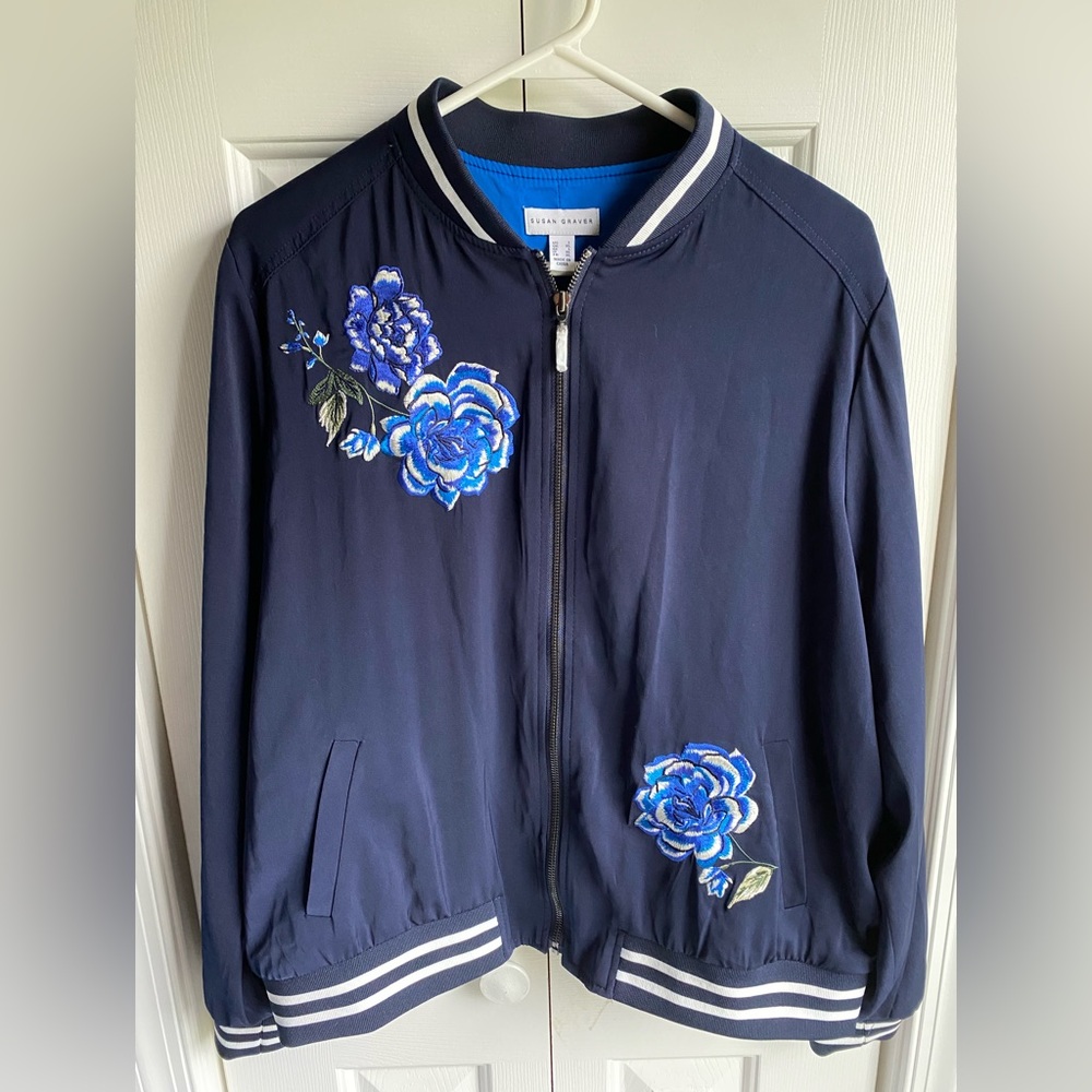 Susan Graver Navy Bomber Jacket with Blue Floral Embroidery